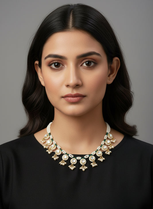 WHITE BEADS MALA WITH KUNDAN AND STUD EARRING