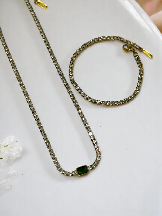 GOLDEN DIAMOND GREEN STONE CHAIN AND DIAMOND BRACELET COMBO