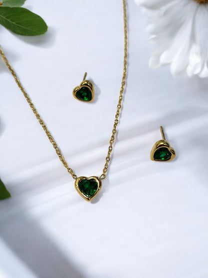 GOLDEN CHAIN, GREEN PENDENT, EARRING 