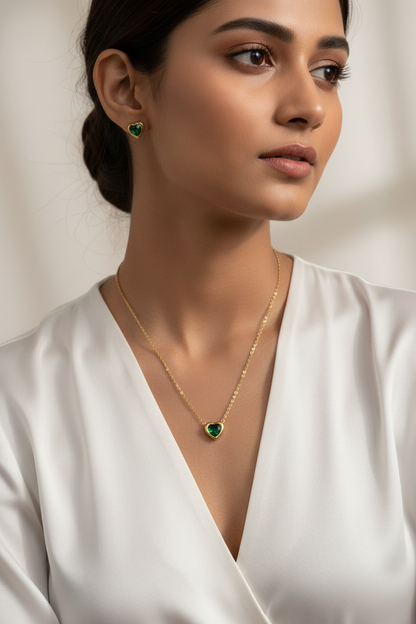 GREEN HEART AVERILL NECKLACE AND EARRING (COMBO)