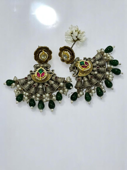 GERMAN SILVER DUAL TONE GREEN BEADS DANGLE EARRNGS