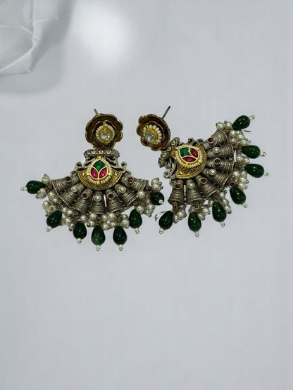 GERMAN SILVER DUAL TONE GREEN BEADS DANGLE EARRNGS