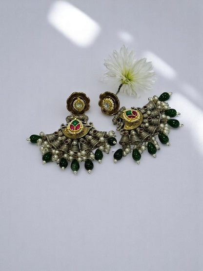 GERMAN SILVER DUAL TONE GREEN BEADS DANGLE EARRNGS
