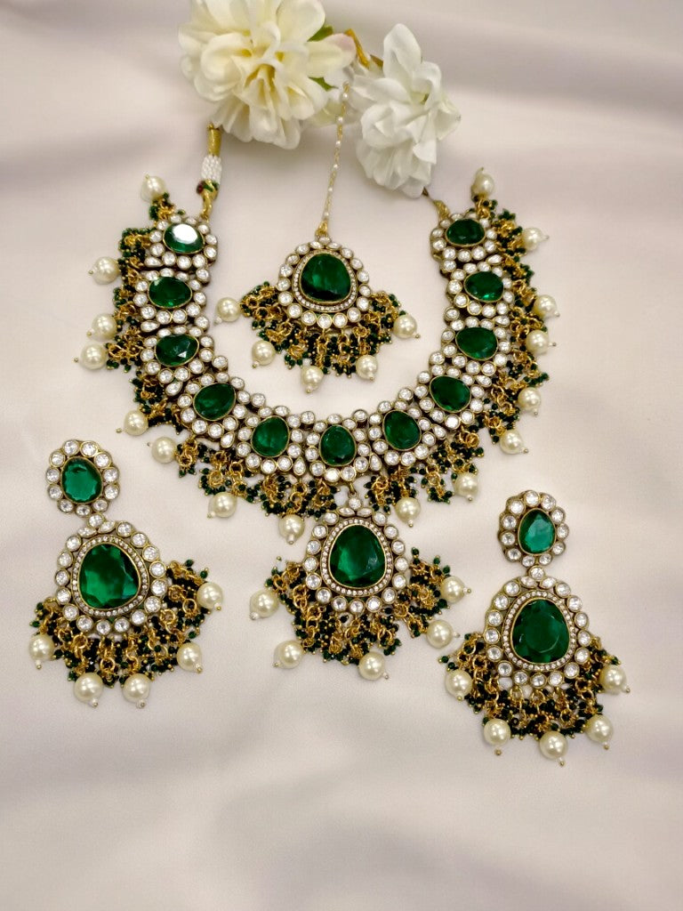 GREEN STONE WITH DIAMOND, HANGING BEADS, MATCHING DANGLING EARRING AND MANG TIKA