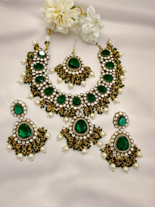 GREEN STONE WITH DIAMOND, HANGING BEADS, MATCHING DANGLING EARRING AND MANG TIKA
