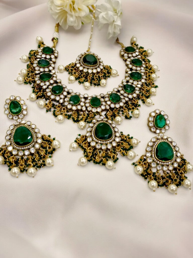 GREEN STONE WITH DIAMOND, HANGING BEADS, MATCHING DANGLING EARRING AND MANG TIKA