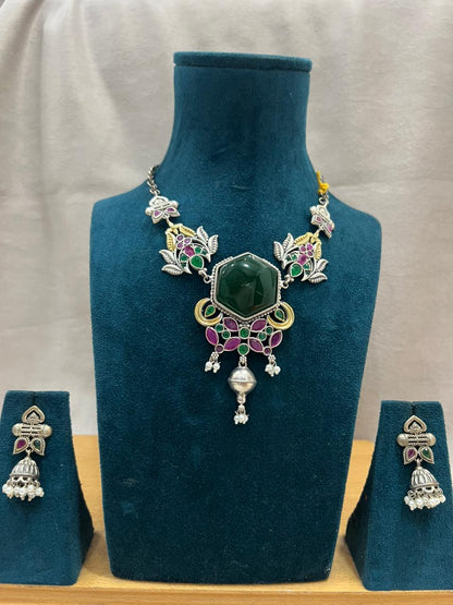 GREEN REKHA GERMAN SILVER JEWELLERY SET