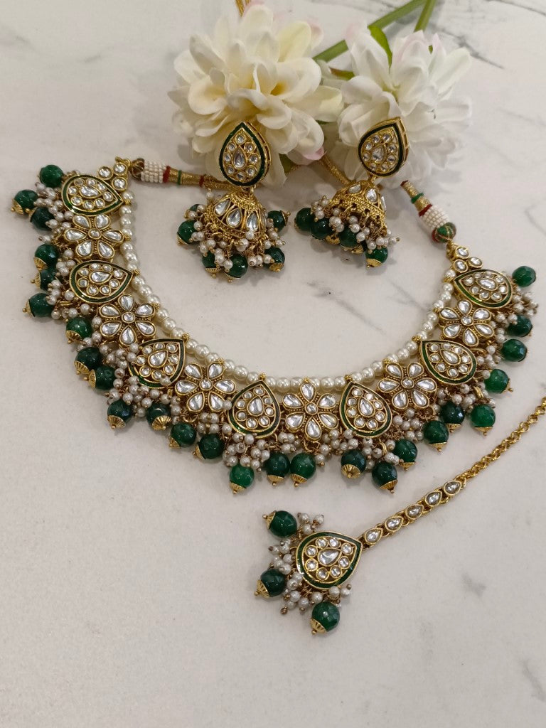 WHITE KUNDAN, WHITE PEARLS, HANGING GREEN PEARLS NECKLACE WITH DANGLING EARRING AND MANG TIKA