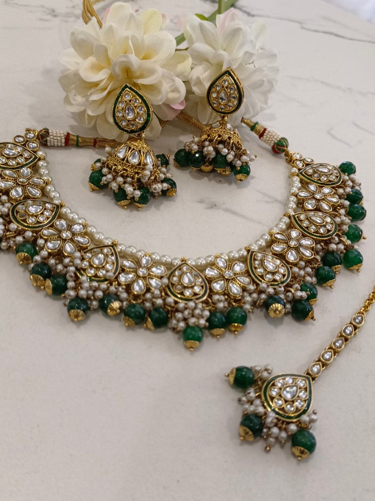WHITE KUNDAN, WHITE PEARLS, HANGING GREEN PEARLS NECKLACE WITH DANGLING EARRING AND MANG TIKA