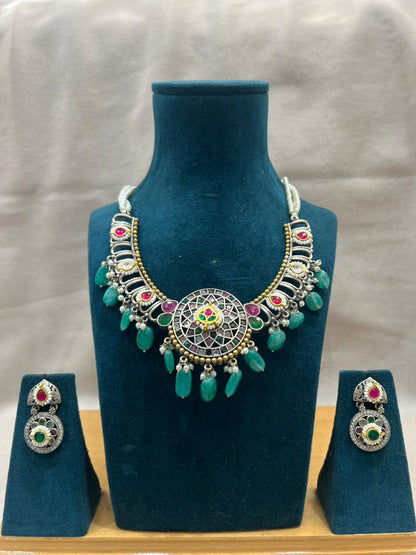GREEN SANIDHYA GERMAN SILVER JEWELLERY SET