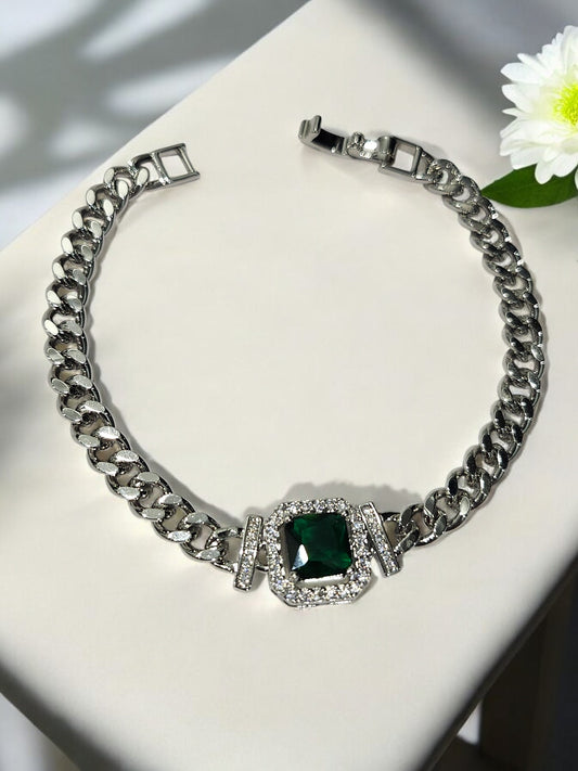 SILVER CHAIN BRACELET WITH GREEN STONE AND DIAMOND