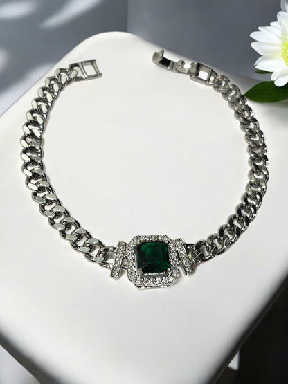 SILVER CHAIN BRACELET WITH GREEN STONE AND DIAMOND