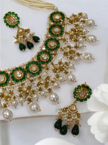 WHITE MALA WITH GREEN STONE, WHITE HANGING BEADS AND EARRING