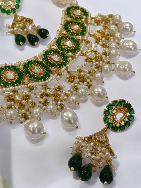 WHITE MALA WITH GREEN STONE, WHITE HANGING BEADS AND EARRING