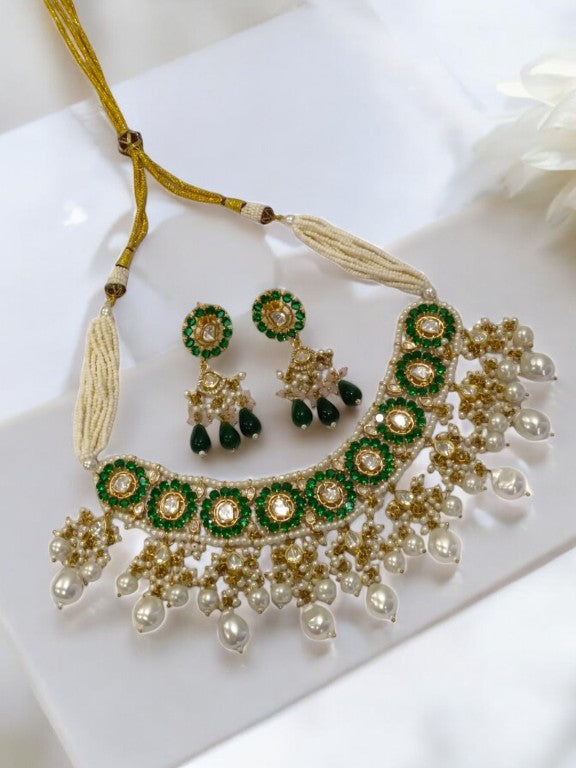 WHITE MALA WITH GREEN STONE, WHITE HANGING BEADS AND EARRING
