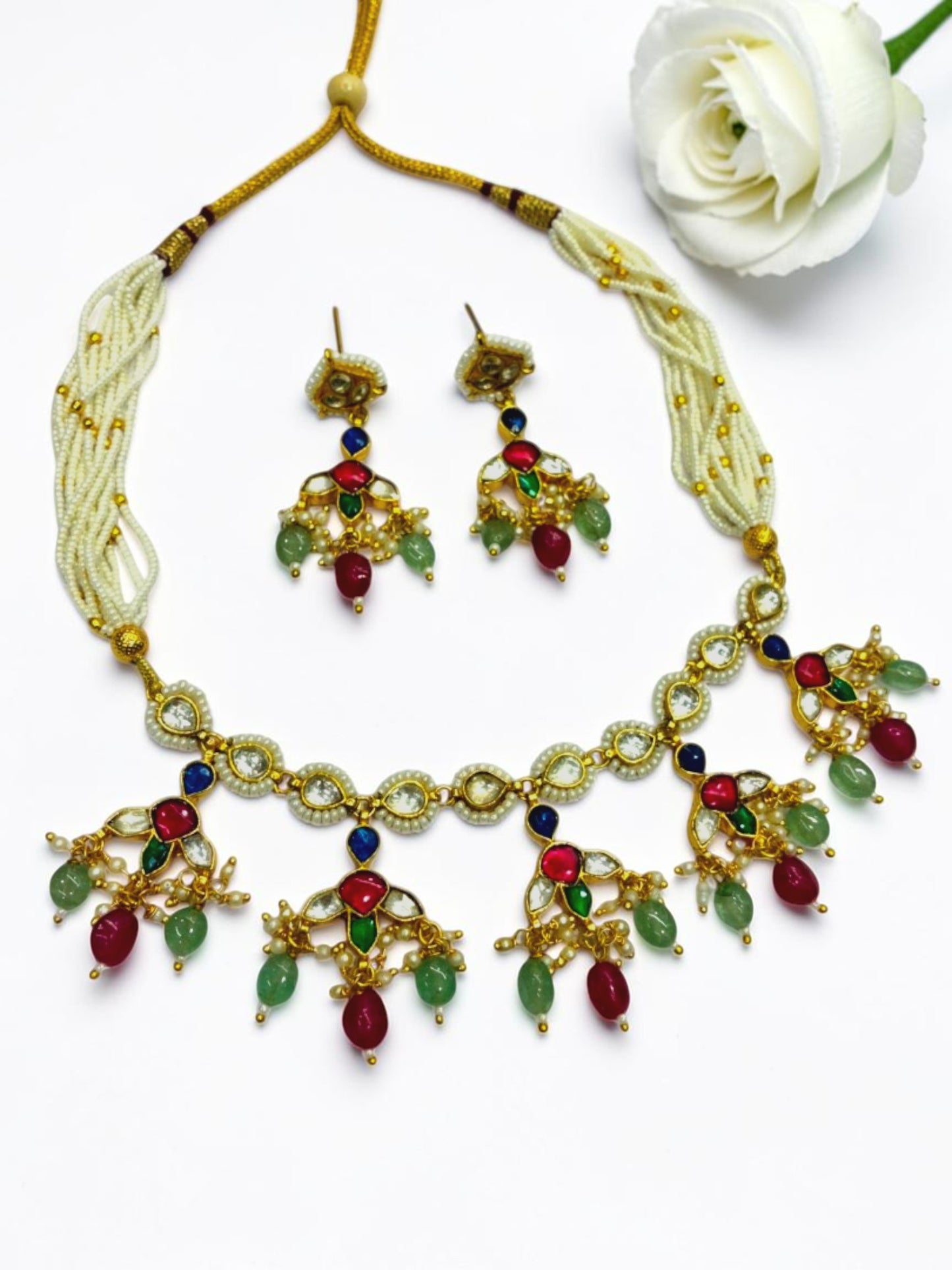 RUBY-SEA GREEN HETAL HERITAGE JEWELLERY SET