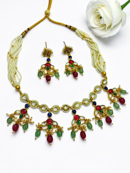 RUBY-SEA GREEN HETAL HERITAGE JEWELLERY SET