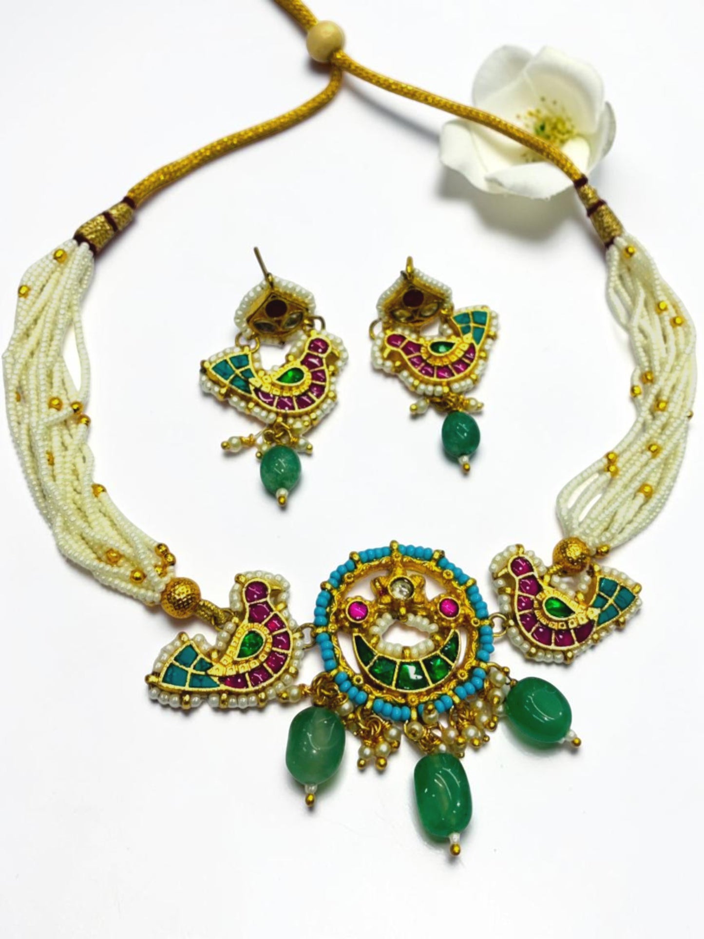 GREEN-PINK KASTUR HERITAGE JEWELLERY SET