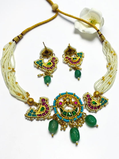 GREEN-PINK KASTUR HERITAGE JEWELLERY SET