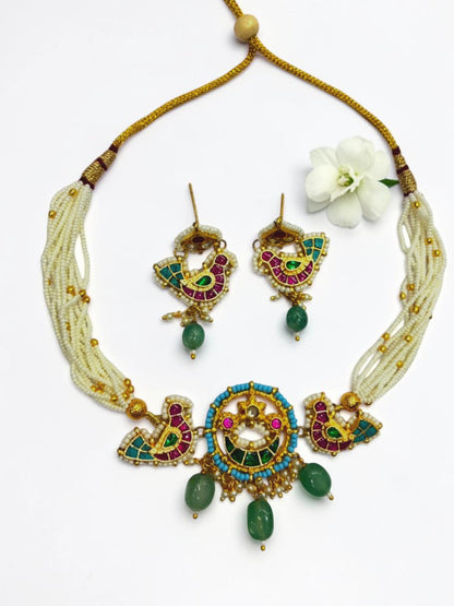 GREEN-PINK KASTUR HERITAGE JEWELLERY SET