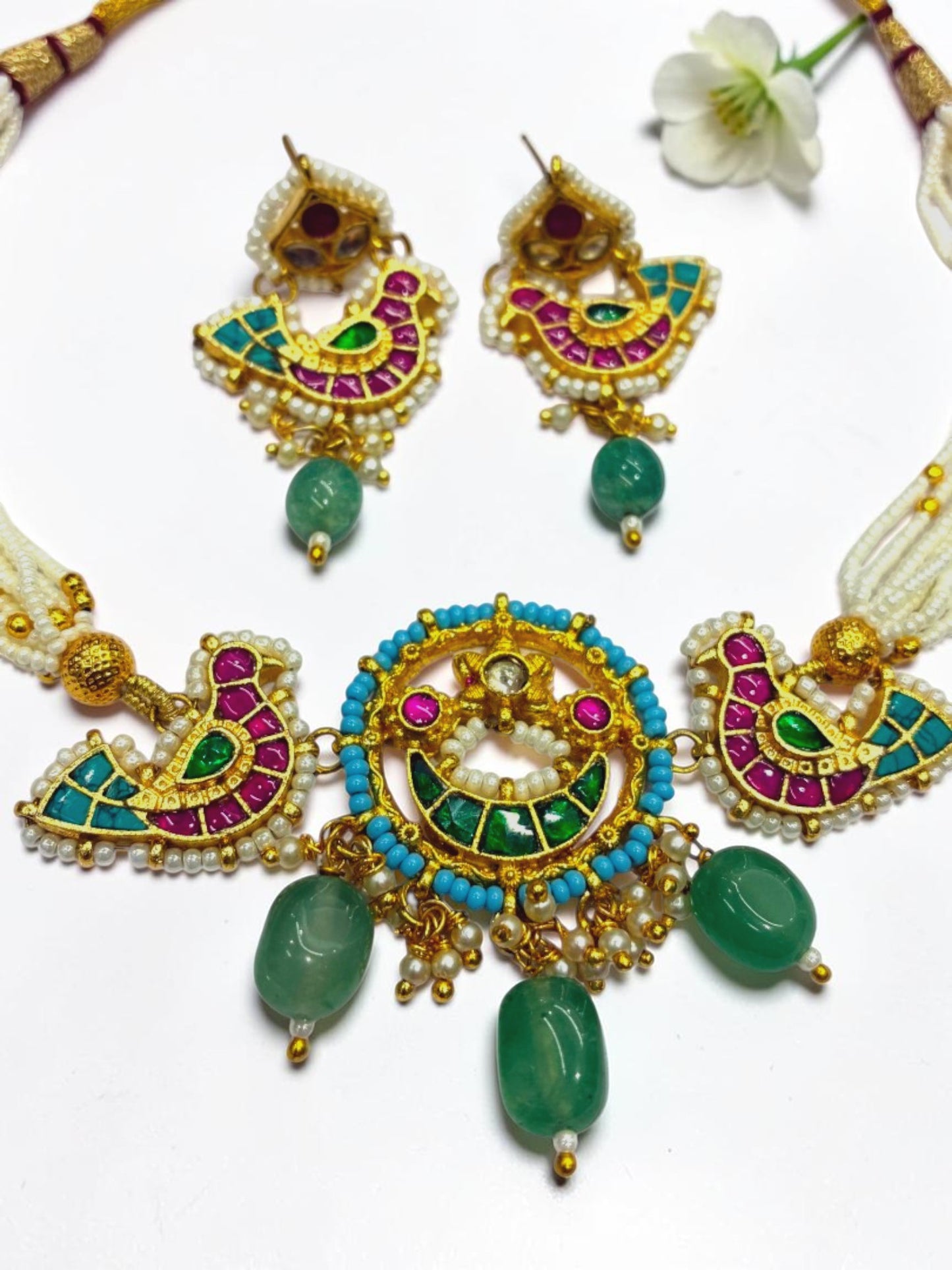 GREEN-PINK KASTUR HERITAGE JEWELLERY SET
