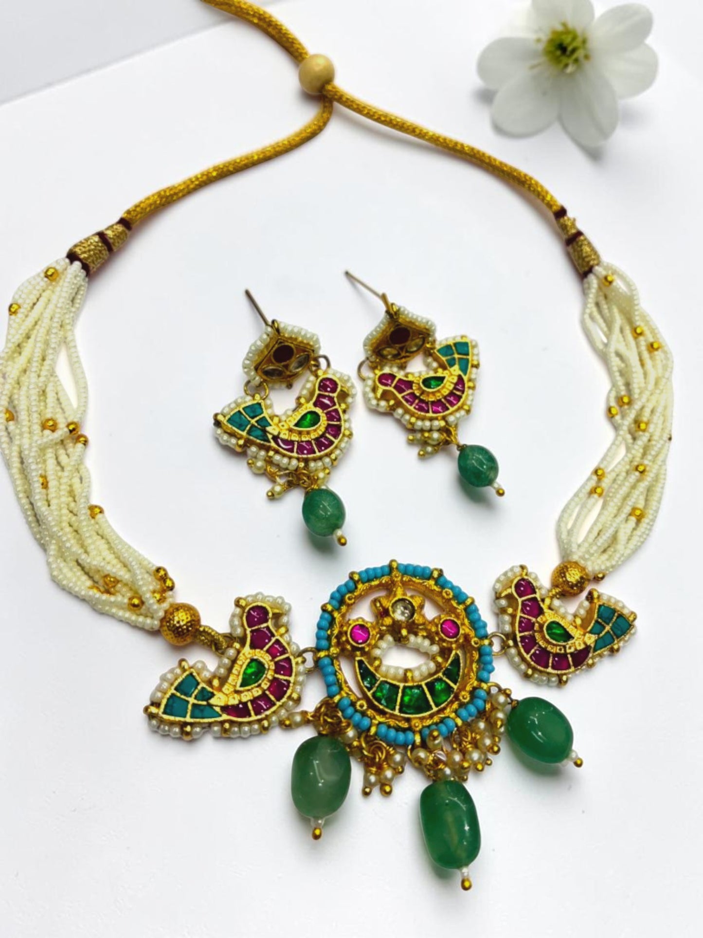 GREEN-PINK KASTUR HERITAGE JEWELLERY SET
