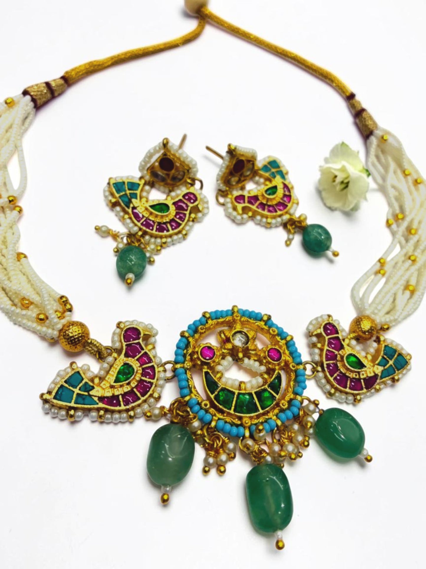 GREEN-PINK KASTUR HERITAGE JEWELLERY SET