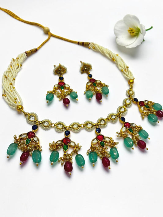 RUBY-SEA BLUE HETAL HERITAGE JEWELLERY SET