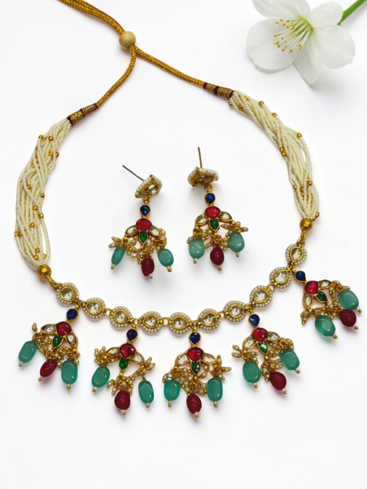 RUBY-SEA BLUE HETAL HERITAGE JEWELLERY SET