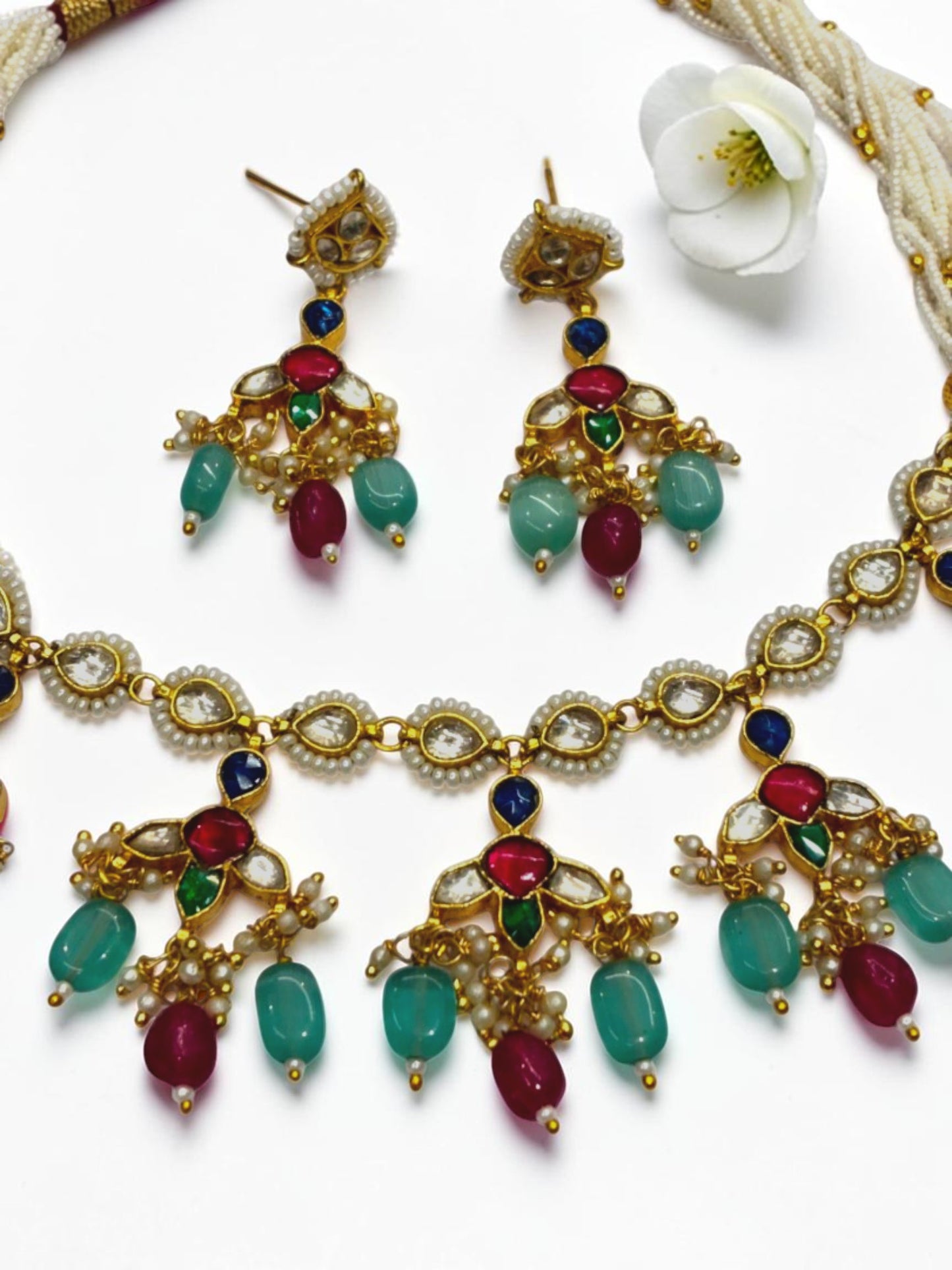 RUBY-SEA BLUE HETAL HERITAGE JEWELLERY SET
