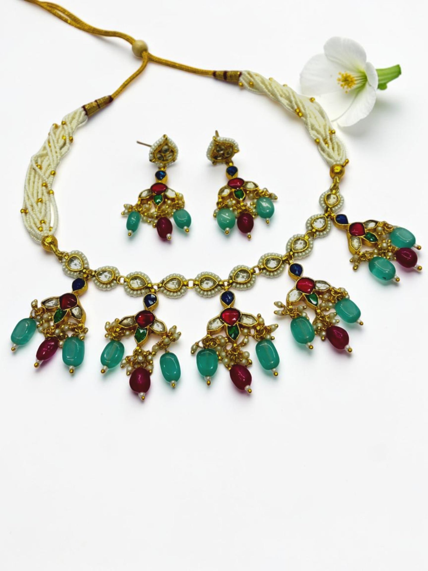 RUBY-SEA BLUE HETAL HERITAGE JEWELLERY SET