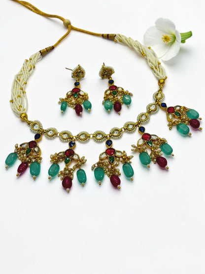 RUBY-SEA BLUE HETAL HERITAGE JEWELLERY SET