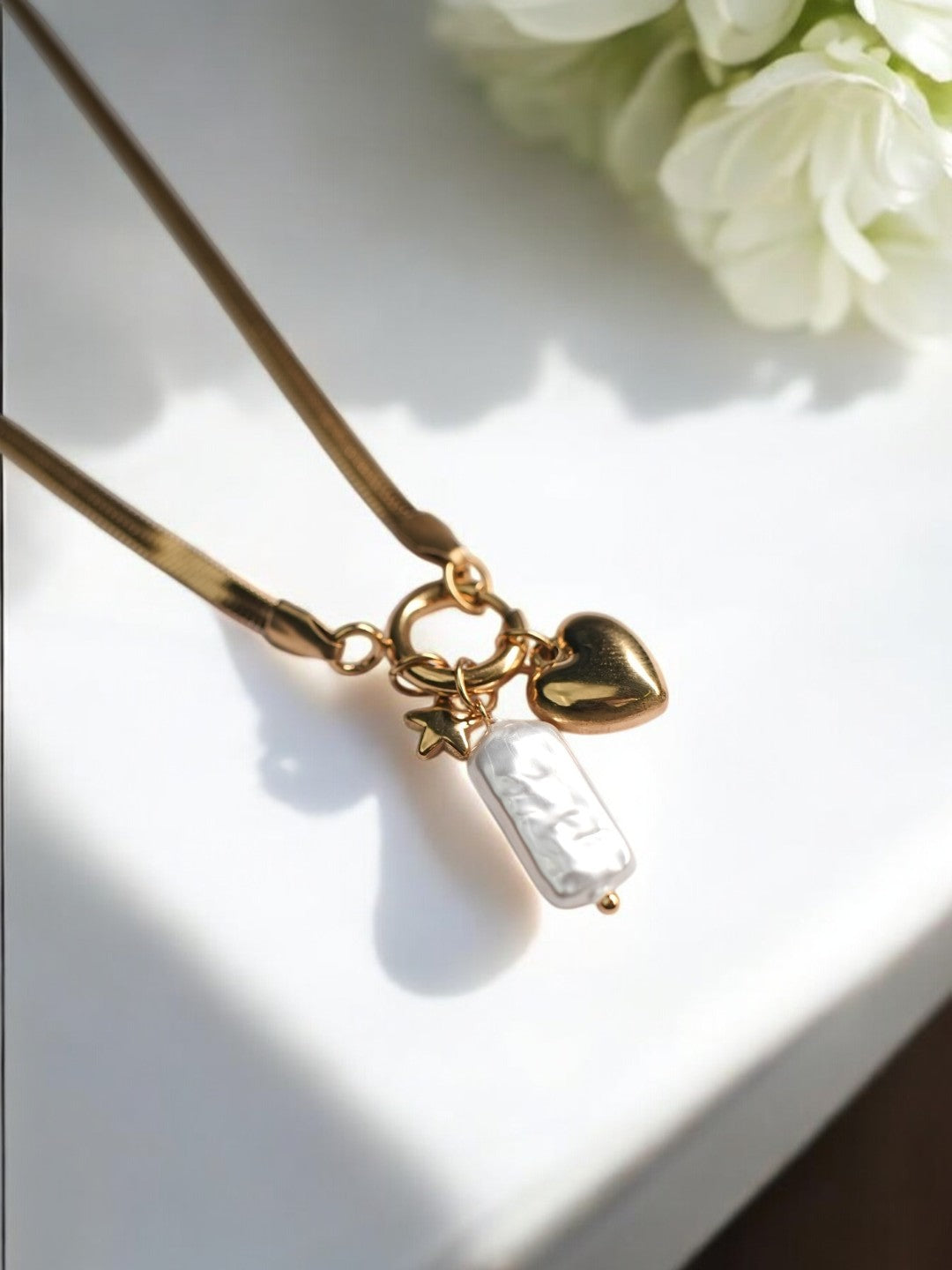 CHARMS LIKE HEART, STAR, PEARL WITH GOLDEN ANTI TARNISH CHAIN