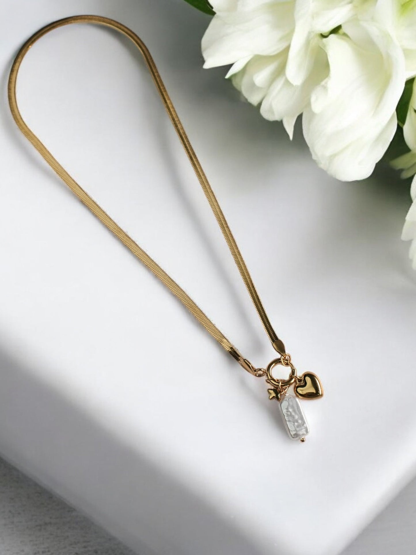 CHARMS LIKE HEART, STAR, PEARL WITH GOLDEN ANTI TARNISH CHAIN