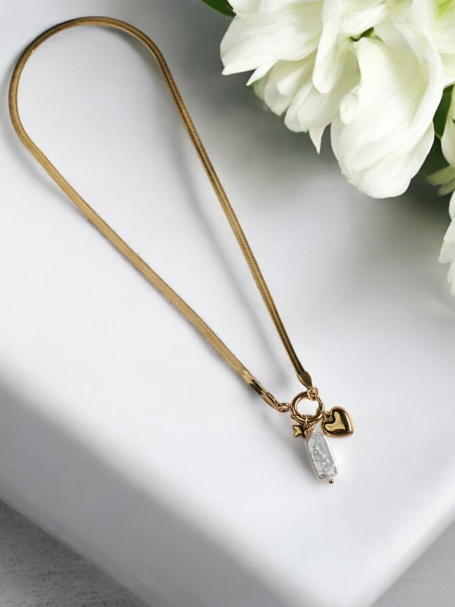 CHARMS LIKE HEART, STAR, PEARL WITH GOLDEN ANTI TARNISH CHAIN