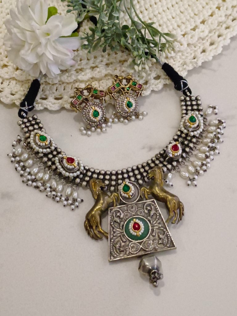 GREEN SANGINI GERMAN SILVER JEWELLERY SET