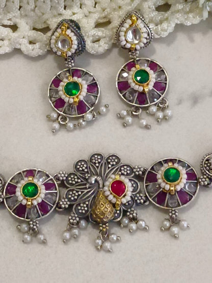 GREEN TANUSHREE GERMAN SILVER JEWELLERY SET