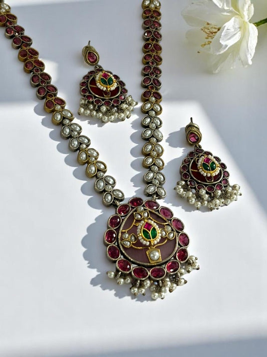 PINK VIOLET GERMAN SILVER JEWELLERY SET