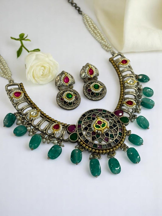 GREEN SANIDHYA GERMAN SILVER JEWELLERY SET