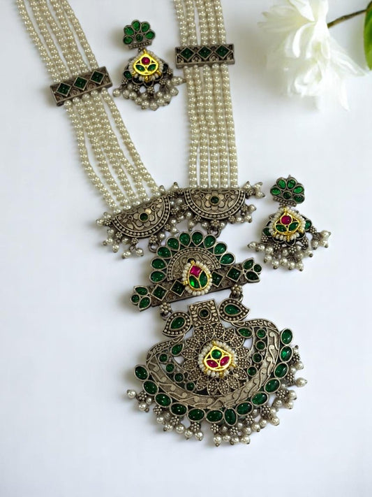 GREEN EMALINE GERMAN SILVER JEWELLERY SET