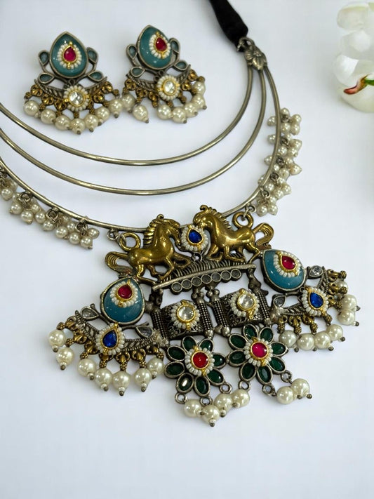 SKY BLUE HASLI BABITHRA GERMAN SILVER JEWELLERY SET
