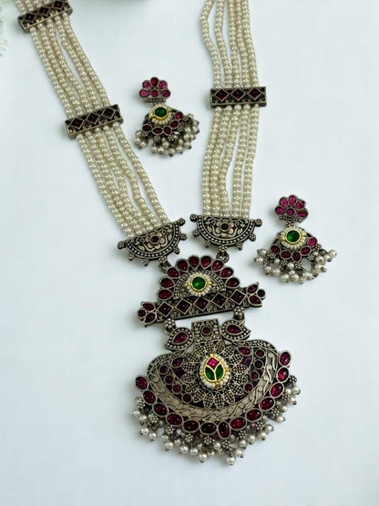 PINK EMALINE GERMAN SILVER JEWELLERY SET