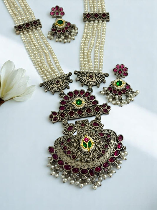 PINK EMALINE GERMAN SILVER JEWELLERY SET