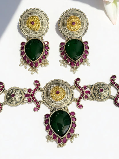 GREEN NAYSA GERMAN SILVER JEWELLERY SET