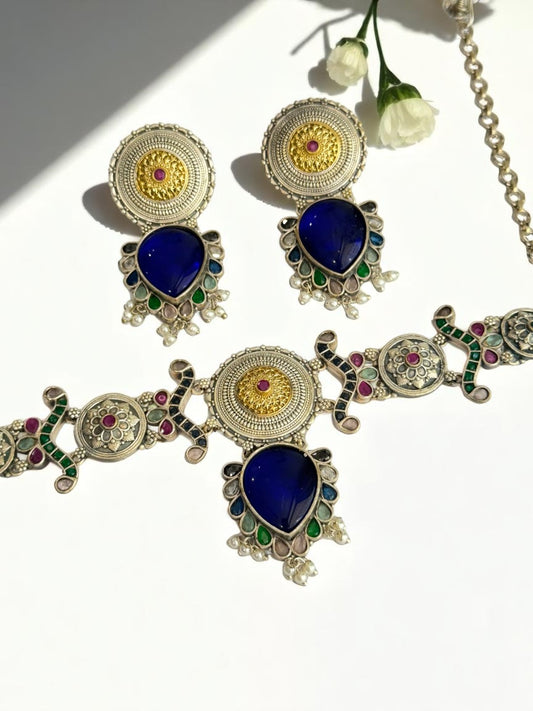 BLUE NAYSA GERMAN SILVER JEWELLERY SET