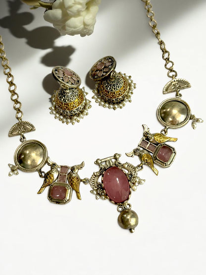PINK VEDITA GERMAN SILVER JEWELLERY SET