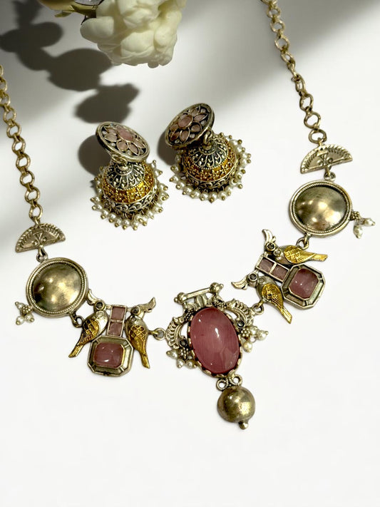 PINK VEDITA GERMAN SILVER JEWELLERY SET