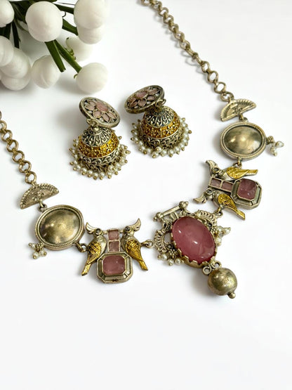 PINK VEDITA GERMAN SILVER JEWELLERY SET