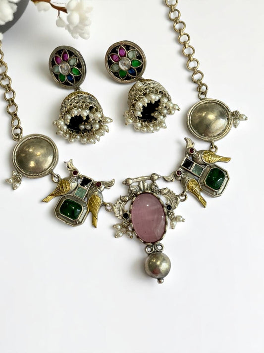 PINK GREEN VEDITA GERMAN SILVER JEWELLERY SET