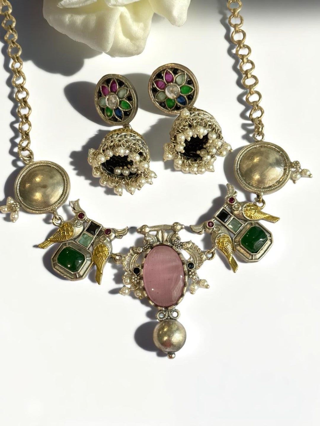 PINK GREEN VEDITA GERMAN SILVER JEWELLERY SET
